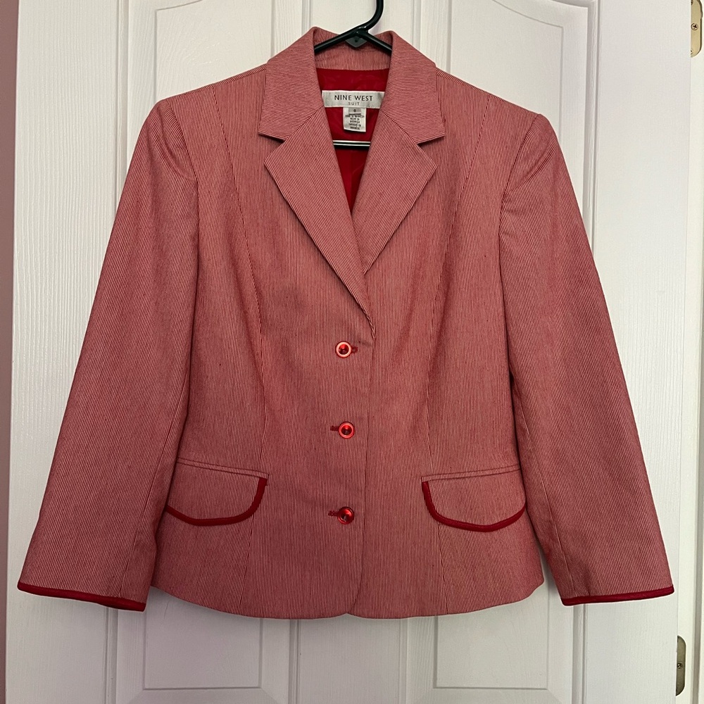 Nine West Women’s Red/White Striped Blazer Suit Jacket Sz 8 With Red Trim Career